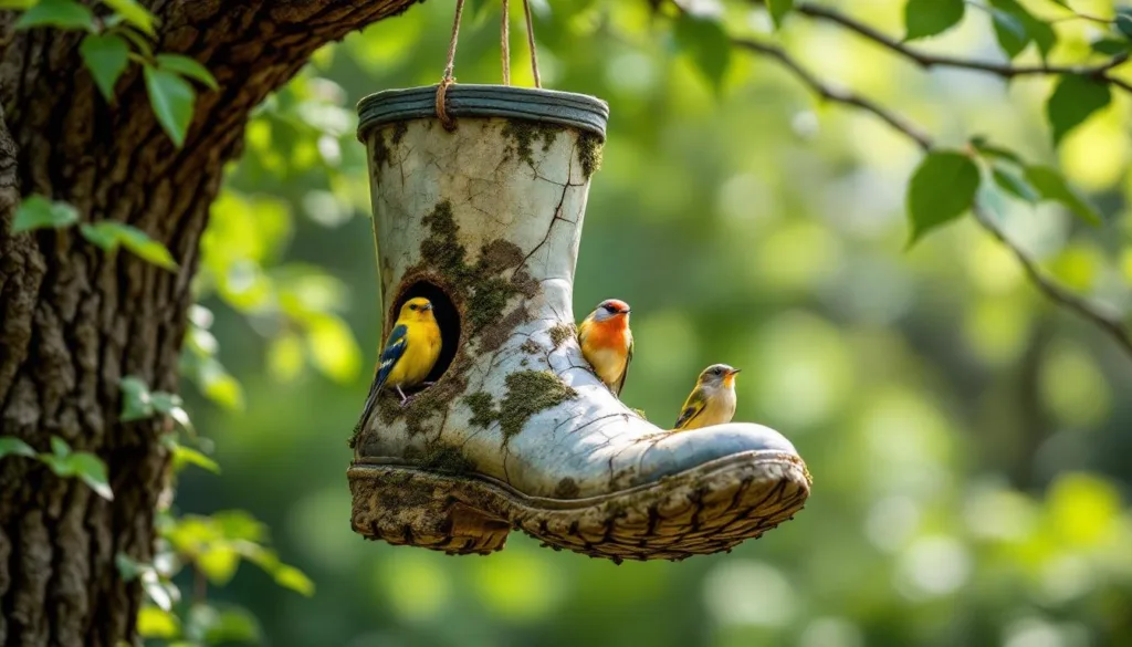 zobacz, jak przekształciłem stary gumowy but w wyjątkową budkę lęgową, którą pokochały ptaki. kreatywne i ekologiczne rozwiązanie dla miłośników przyrody.