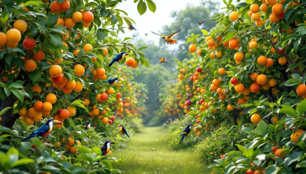 sadziłem hybrydowe drzewa owocowe w moim ogrodzie, które przyciągnęły mnóstwo ptaków, tworząc piękne i tętniące życiem miejsce.