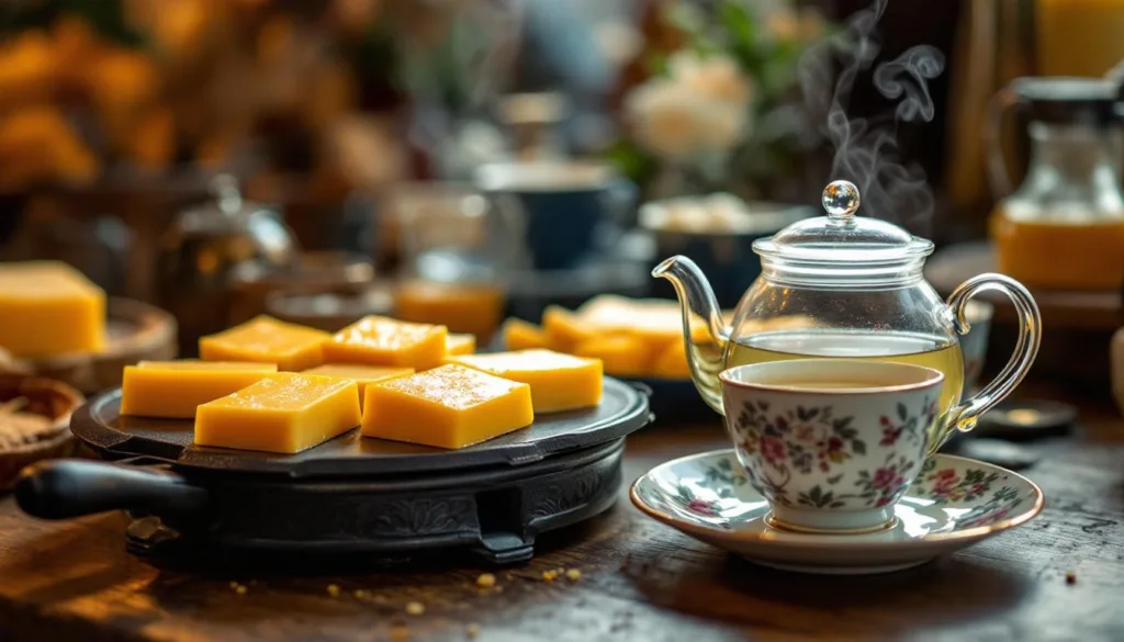 sprzedawca serów wyjaśnia, dlaczego raclette najlepiej smakuje z białą herbatą zamiast z winem, podkreślając unikalne połączenie smaków i aromatów.